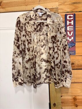 Old Navy Sheer Cream and Brown Animal Print Button-Down Shirt